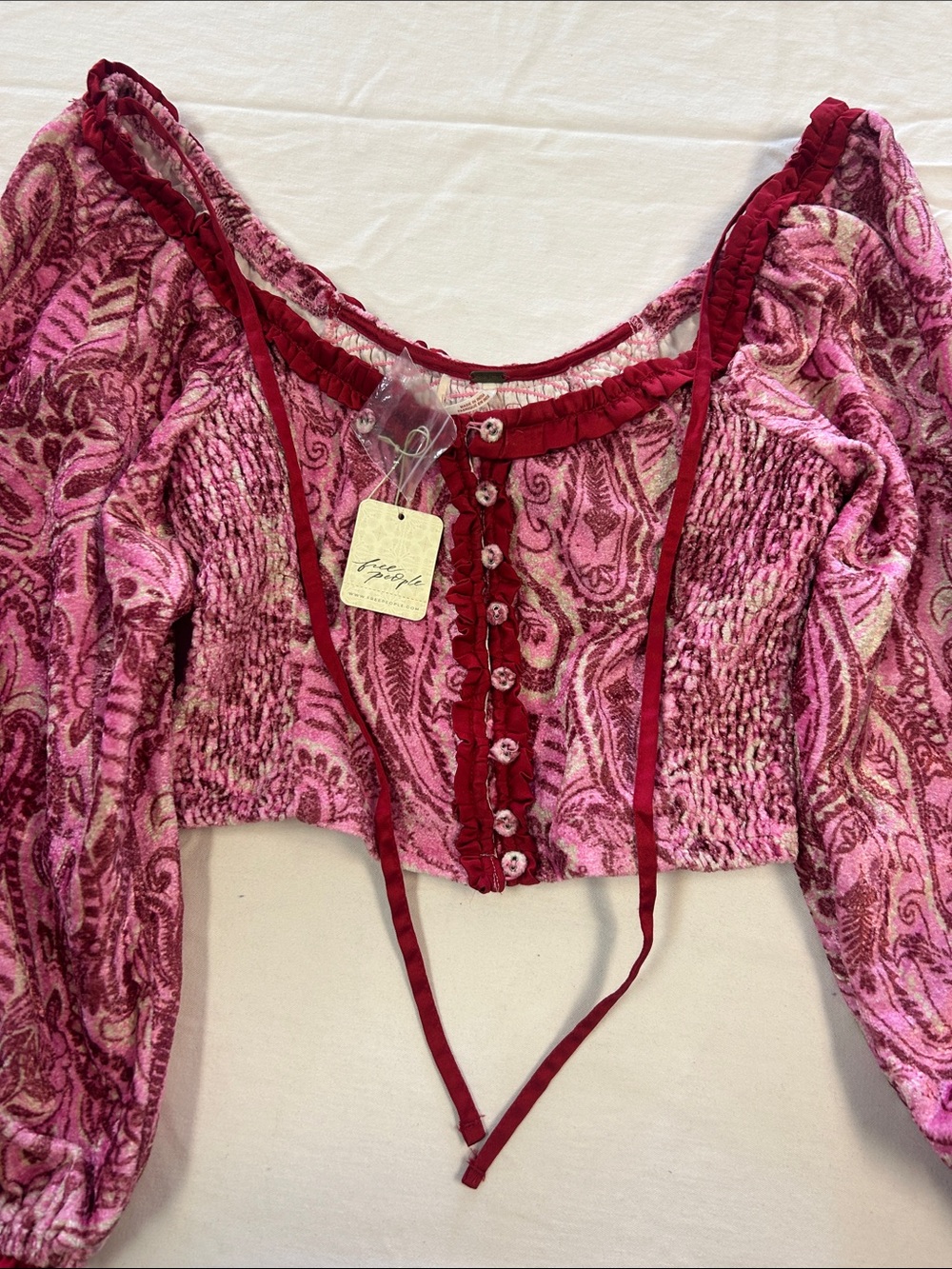 Free People Pink Paisley Puff-Sleeve Smocked Crop Top